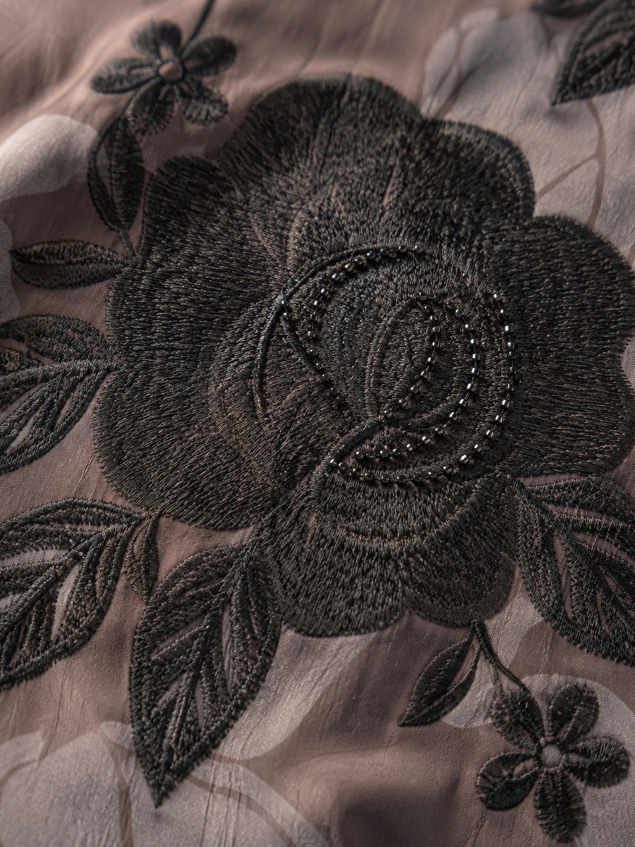 Brown Floral Embroidered Open Abaya with Matching Scarf
