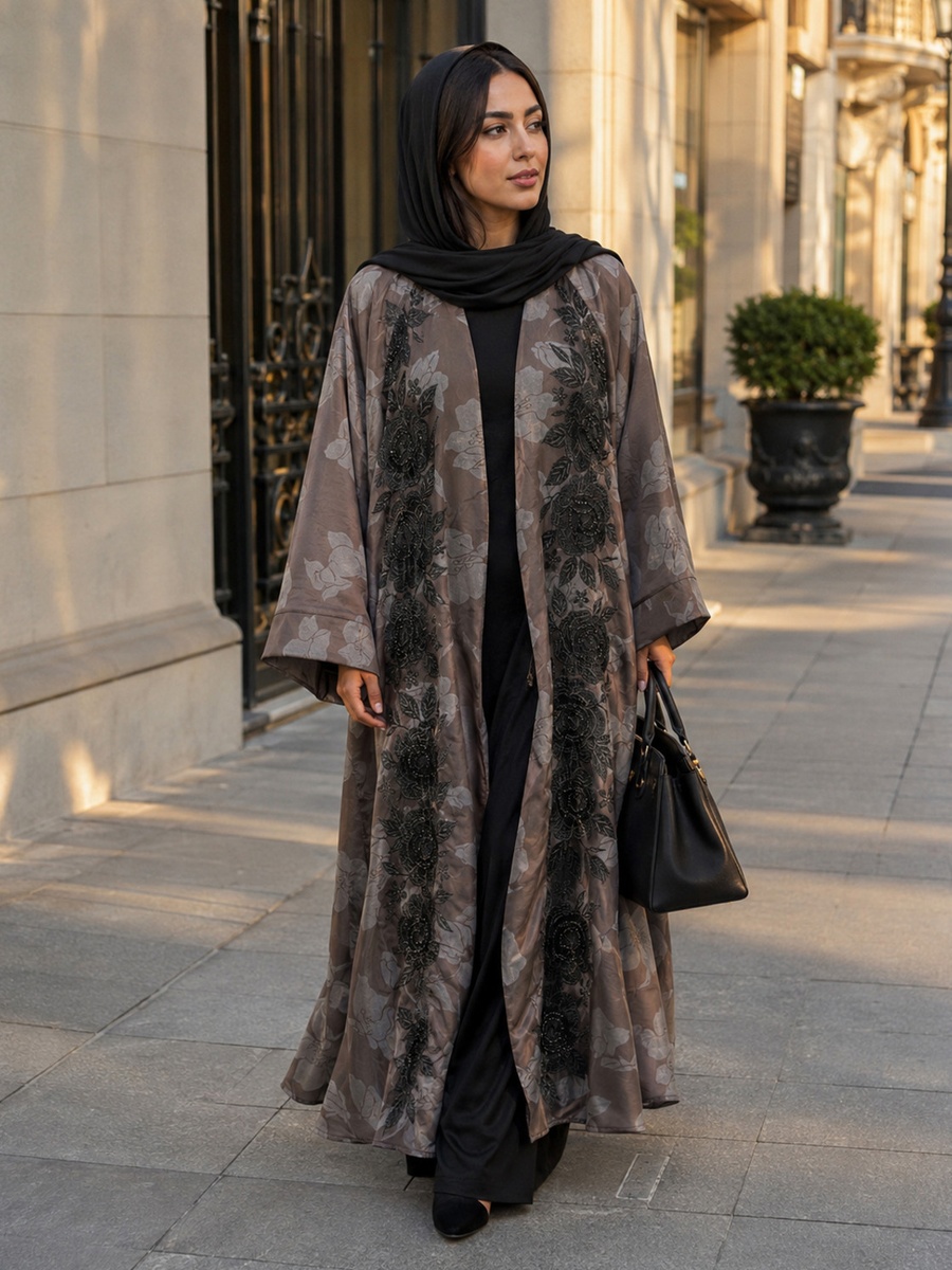 Brown Floral Embroidered Open Abaya with Matching Scarf