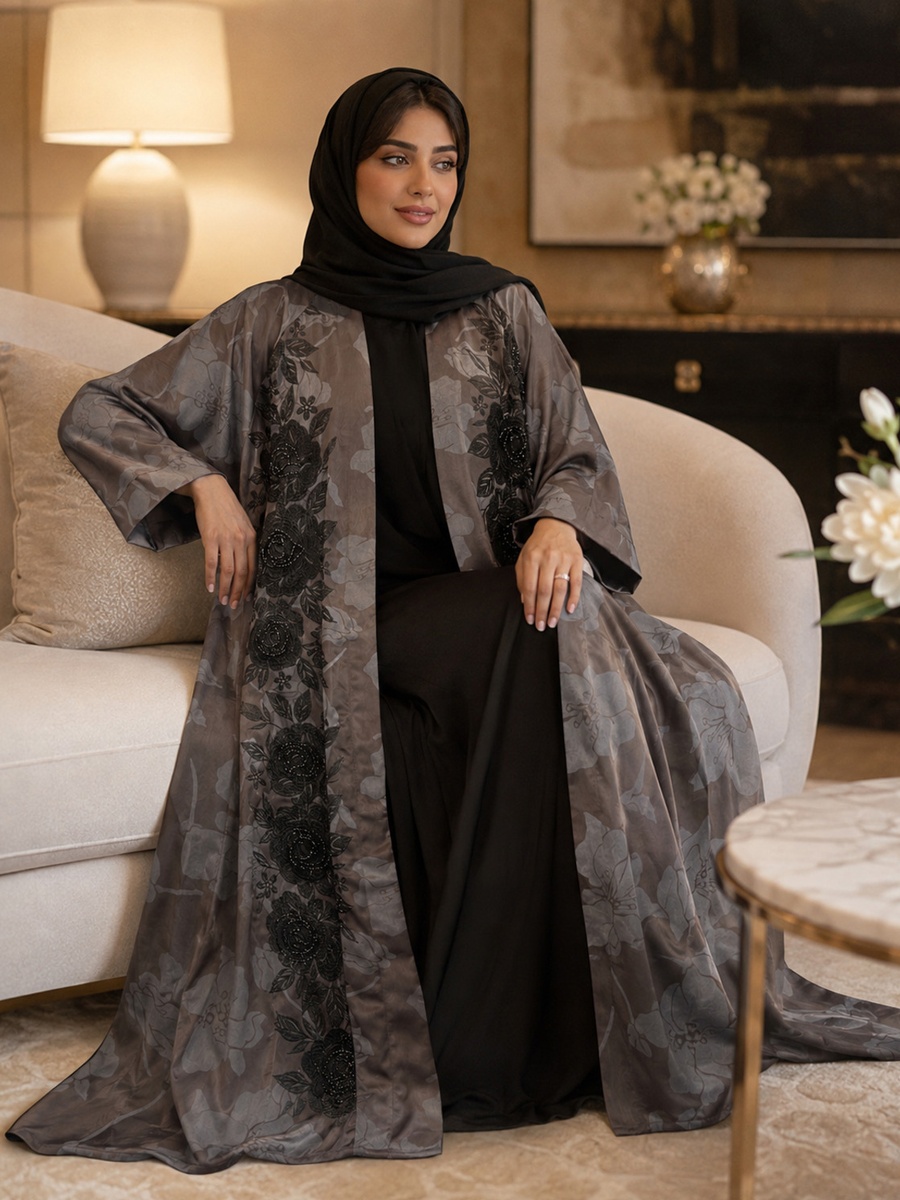 Brown Floral Embroidered Open Abaya with Matching Scarf