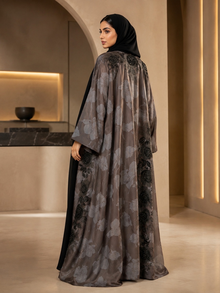 Brown Floral Embroidered Open Abaya with Matching Scarf