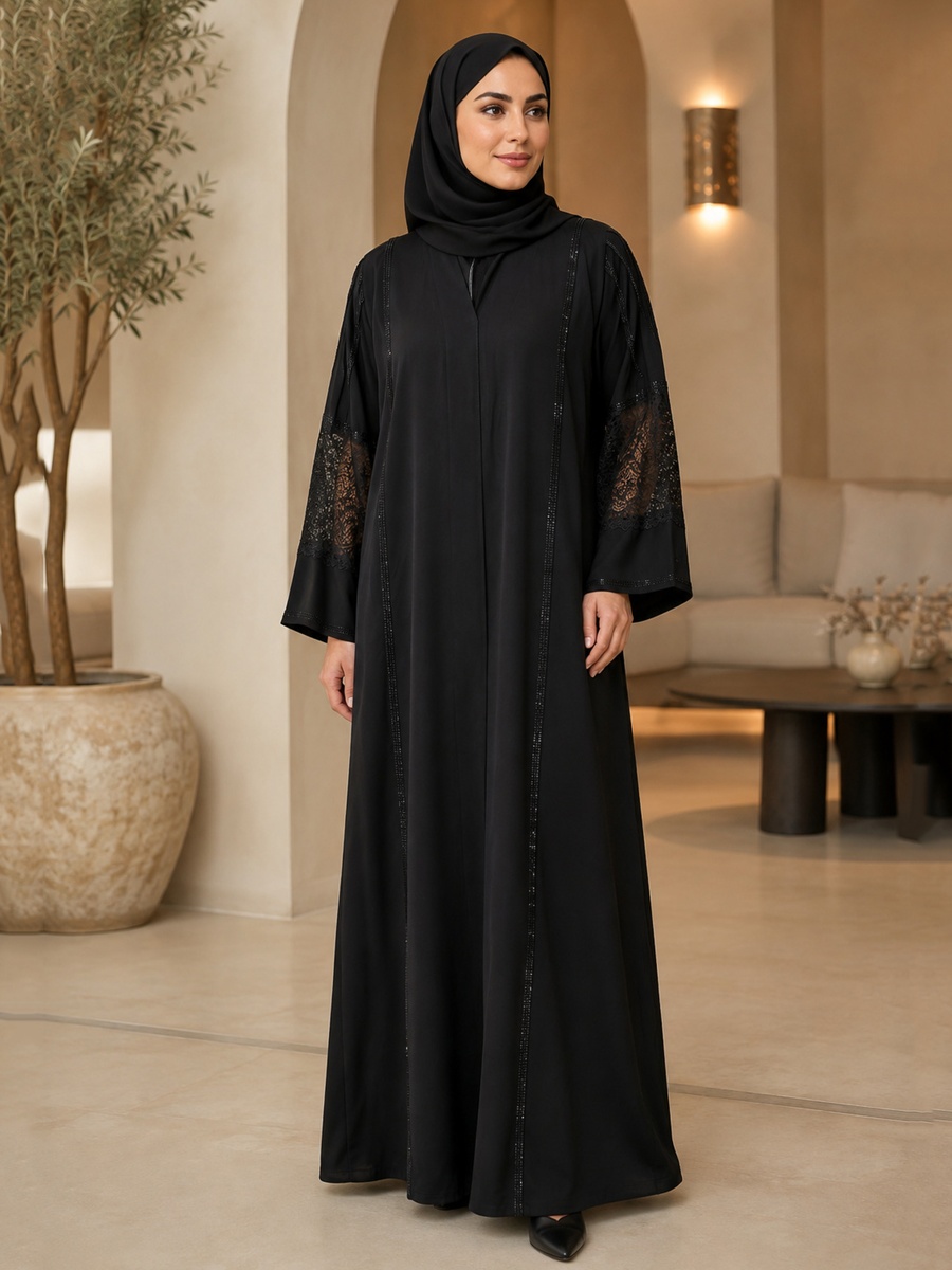 Black Abaya with Floral Lace Sleeves and Crystal Embellished Trim