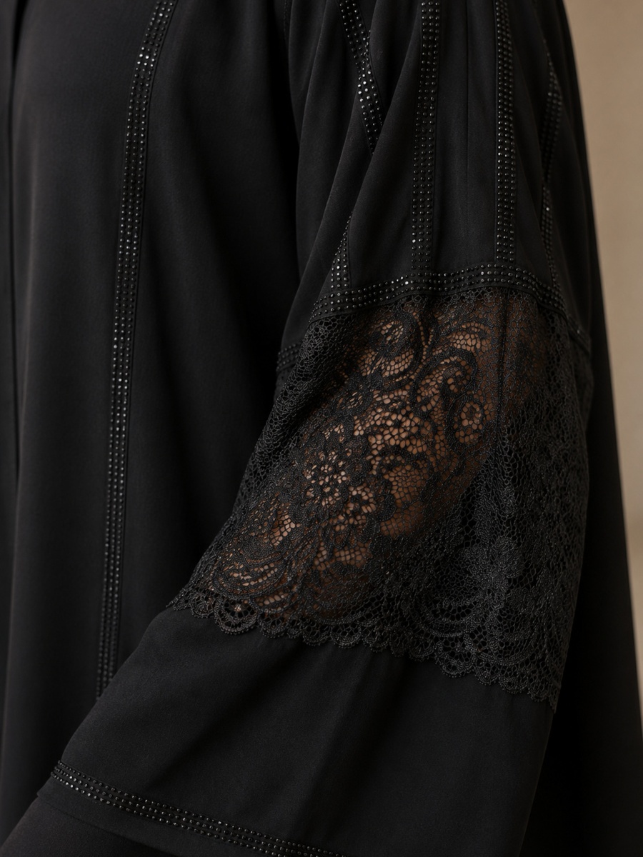 Black Abaya with Floral Lace Sleeves and Crystal Embellished Trim