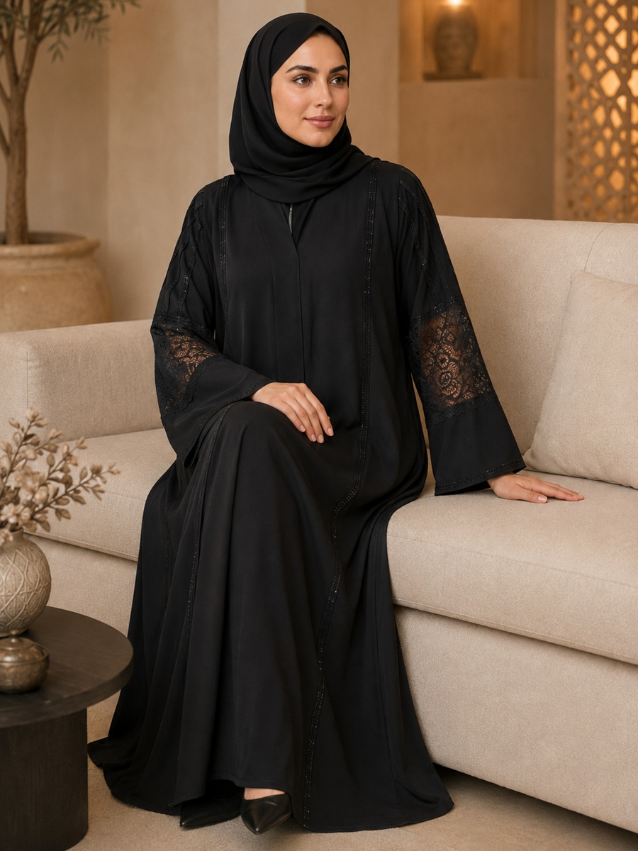 Black Abaya with Floral Lace Sleeves and Crystal Embellished Trim