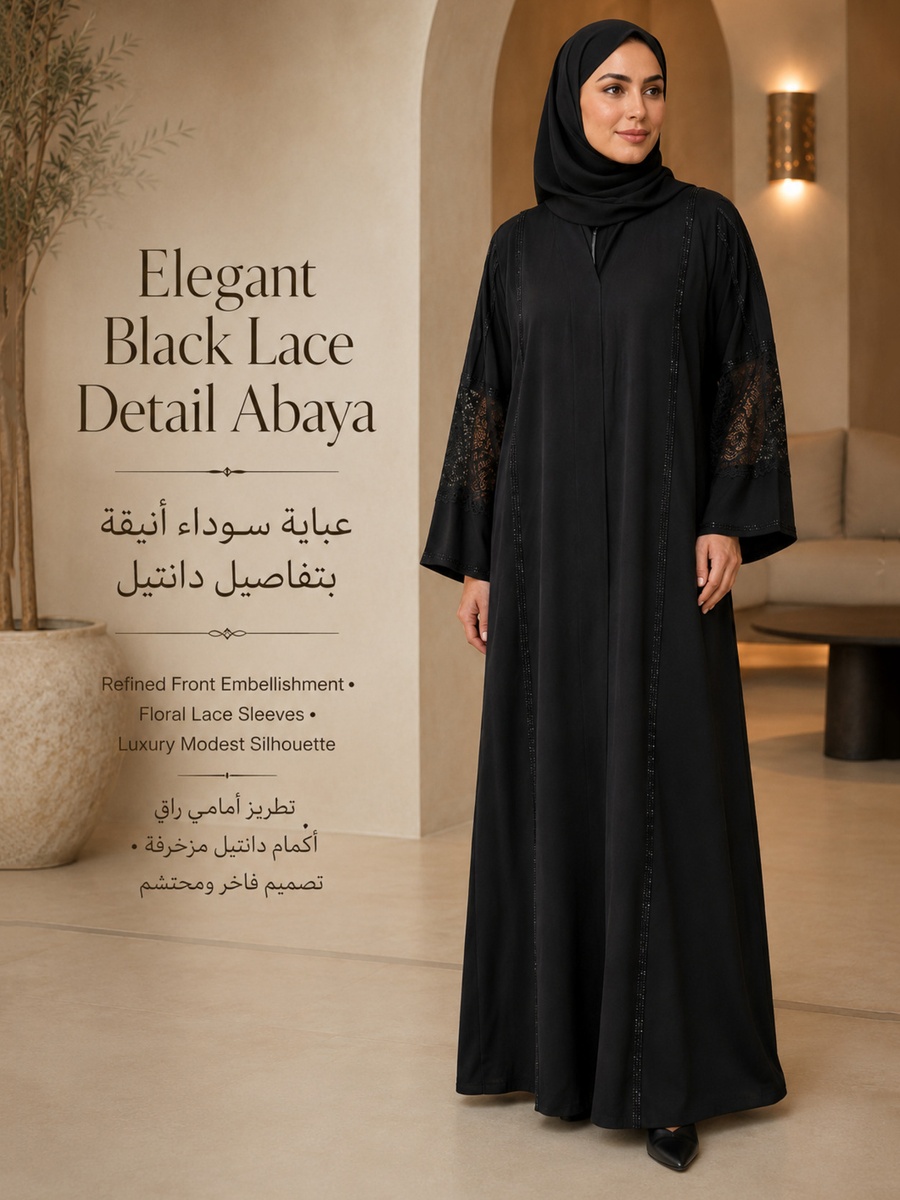 Black Abaya with Floral Lace Sleeves and Crystal Embellished Trim