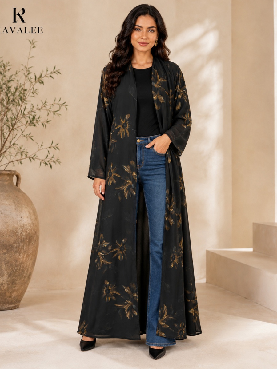 Black Floral Print Abaya with Long Sleeves