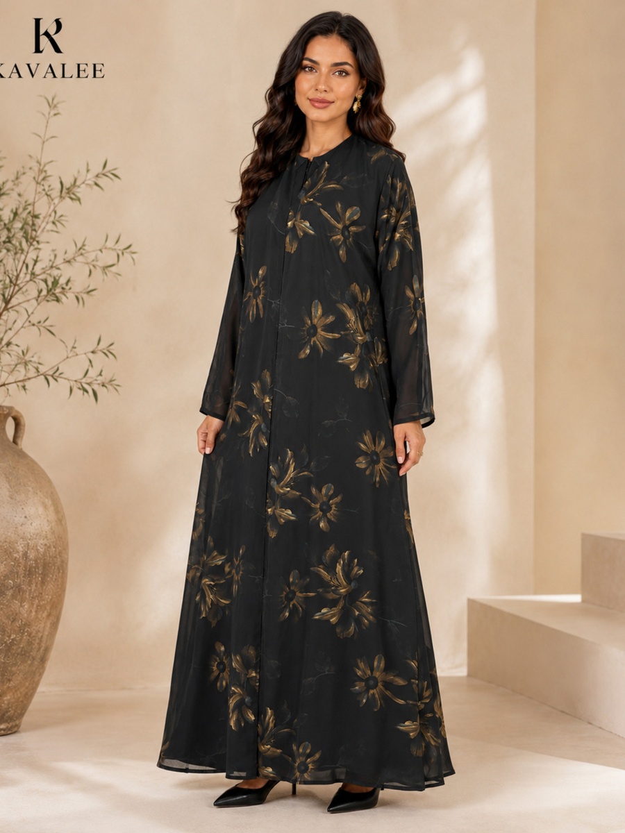 Black Floral Print Abaya with Long Sleeves