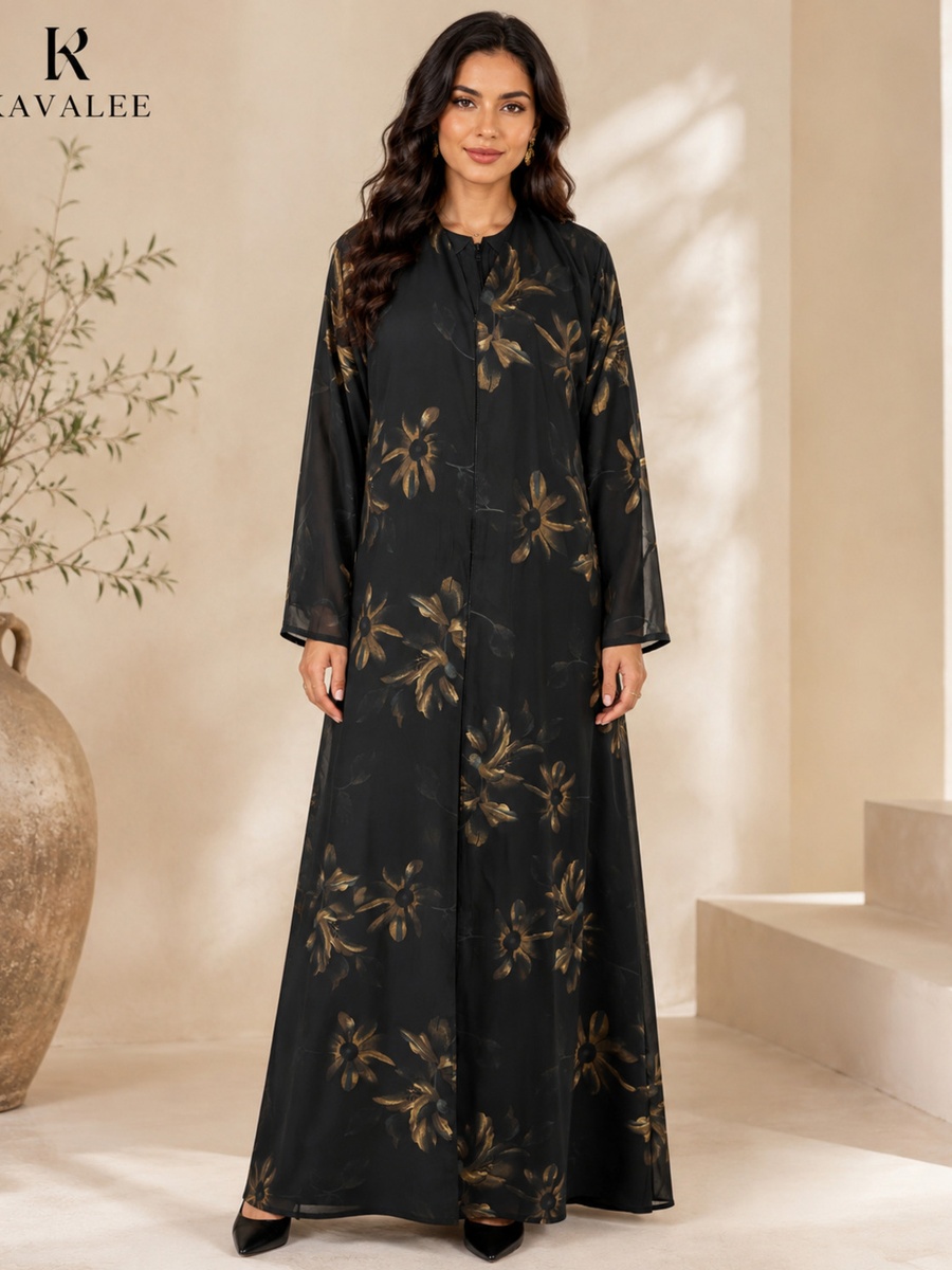 Black Floral Print Abaya with Long Sleeves