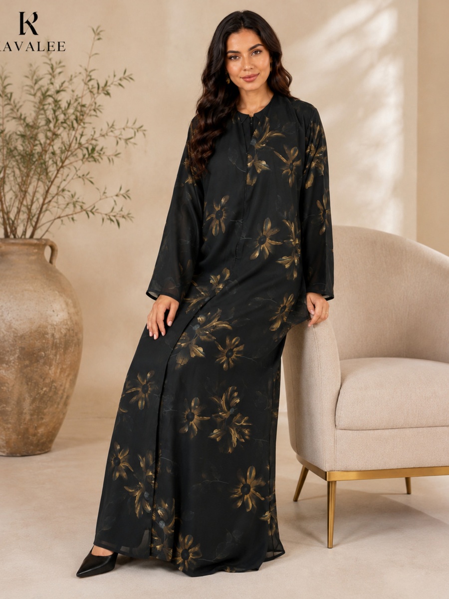 Black Floral Print Abaya with Long Sleeves