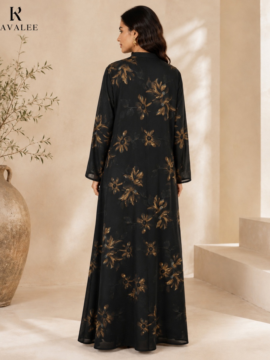 Black Floral Print Abaya with Long Sleeves