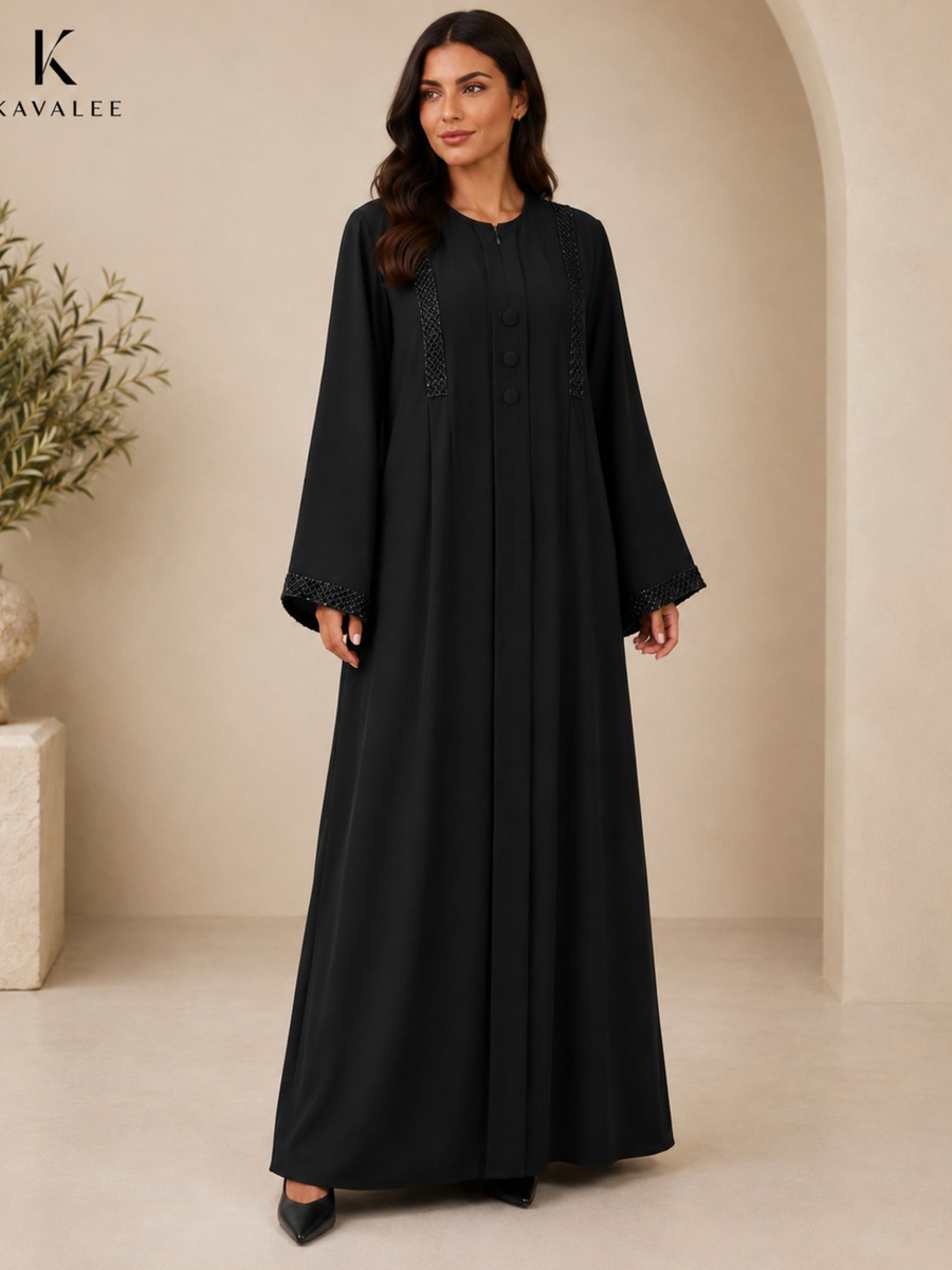 Black Beaded Abaya with Covered Buttons