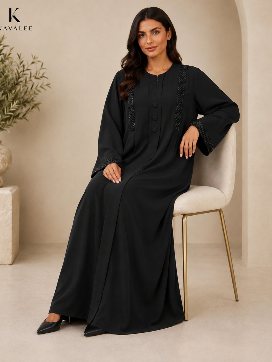 Black Beaded Abaya with Covered Buttons