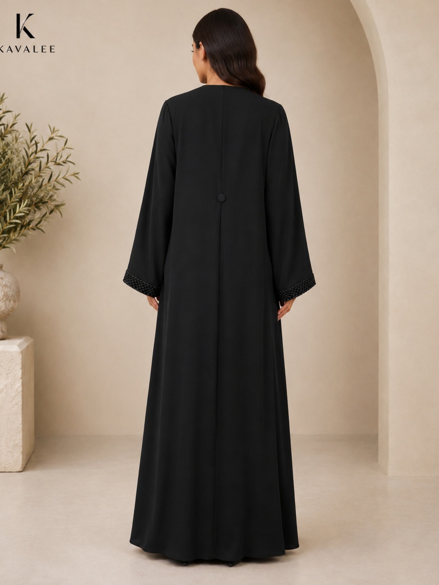 Black Beaded Abaya with Covered Buttons
