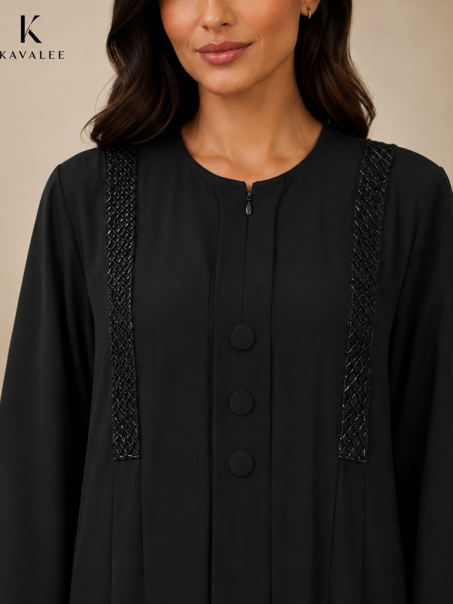 Black Beaded Abaya with Covered Buttons