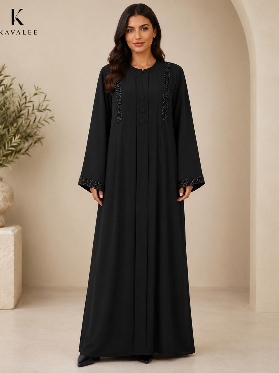 Black Beaded Abaya with Covered Buttons