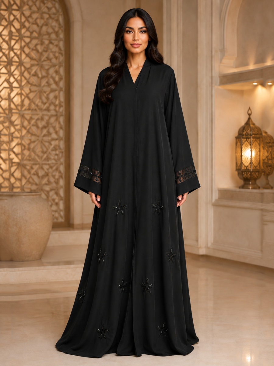 Black Abaya with Bead Floral Motifs