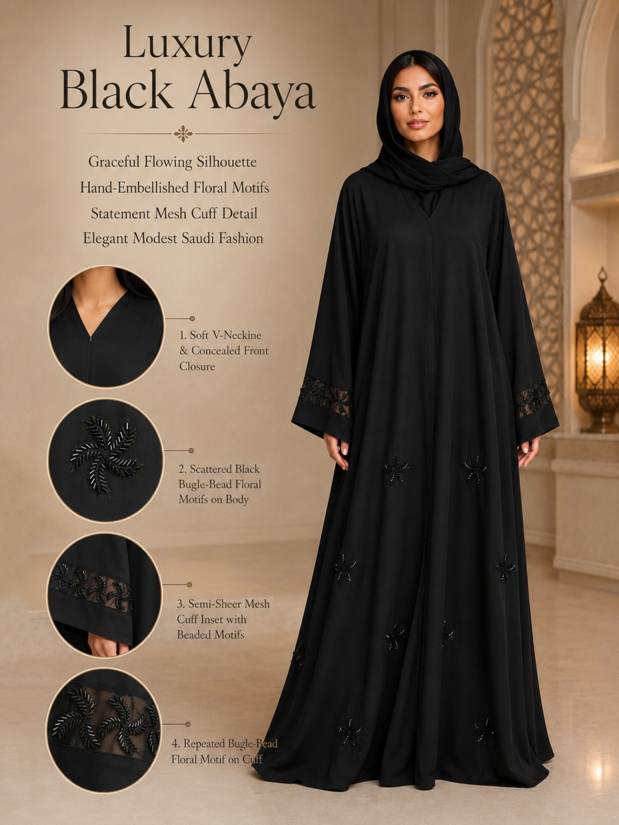 Black Abaya with Bead Floral Motifs