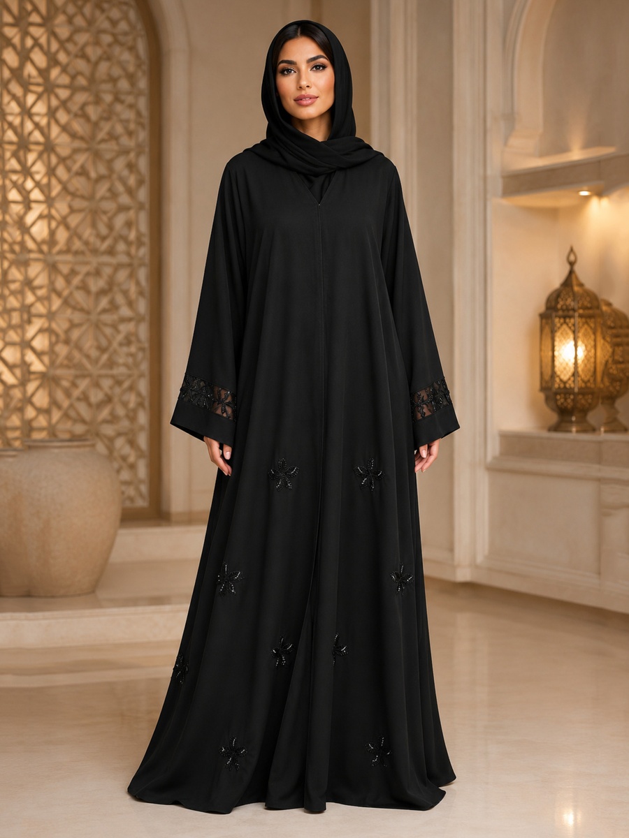 Black Abaya with Bead Floral Motifs