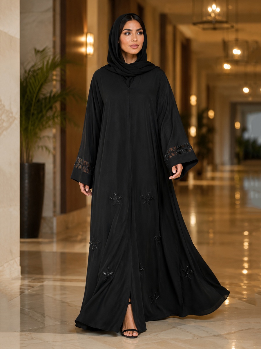 Black Abaya with Bead Floral Motifs