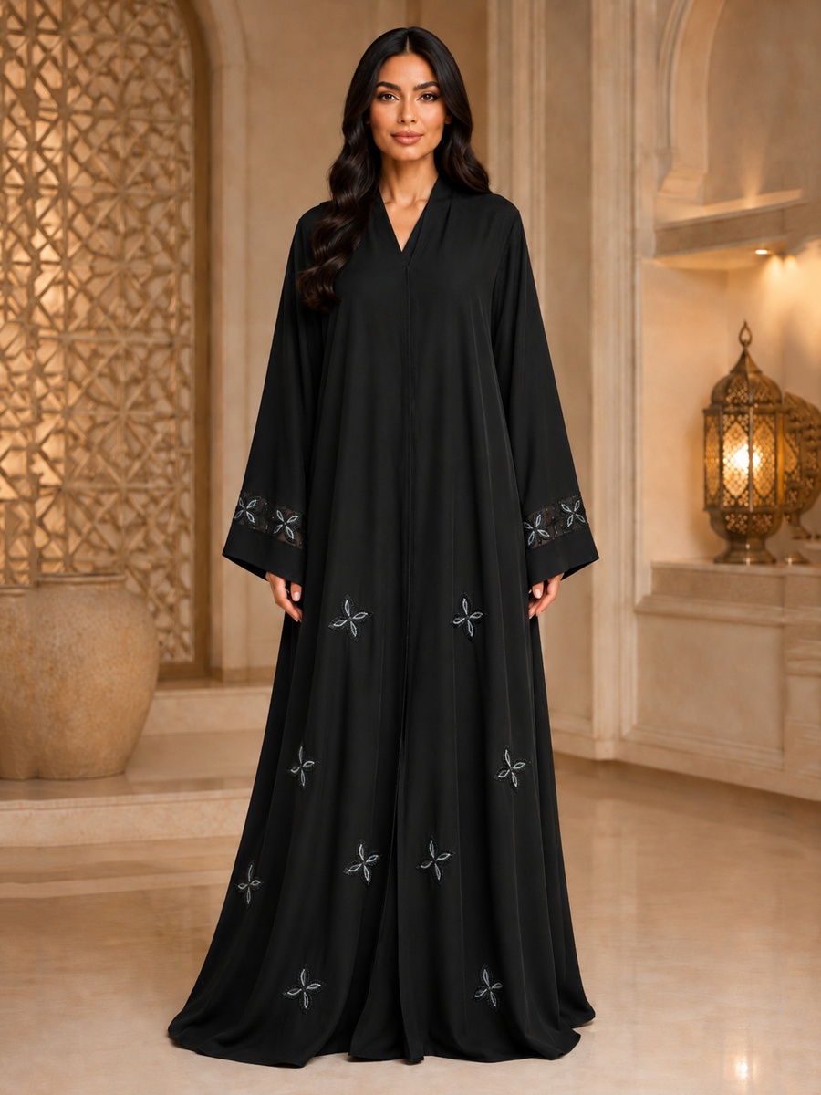 Black Abaya with Beaded Floral Embroidery