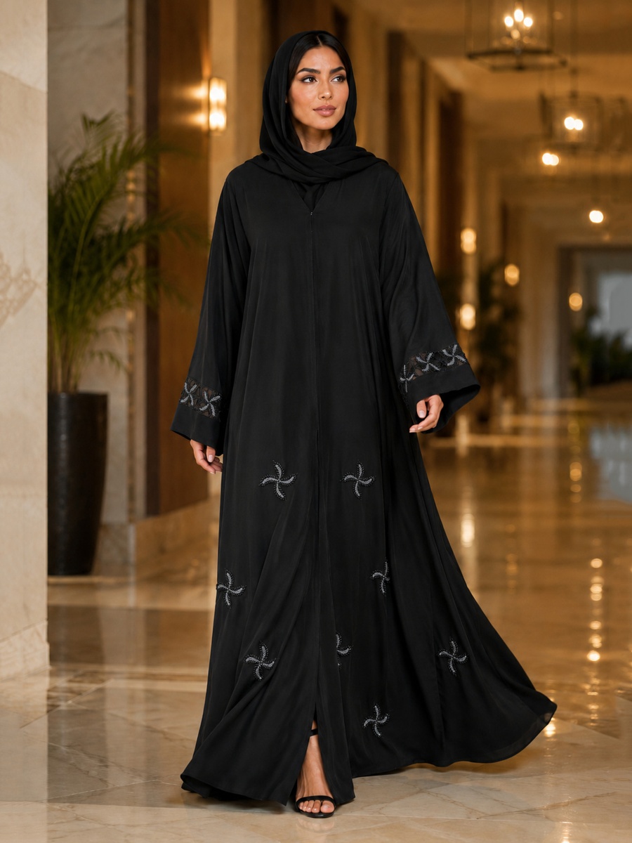Black Abaya with Beaded Floral Embroidery
