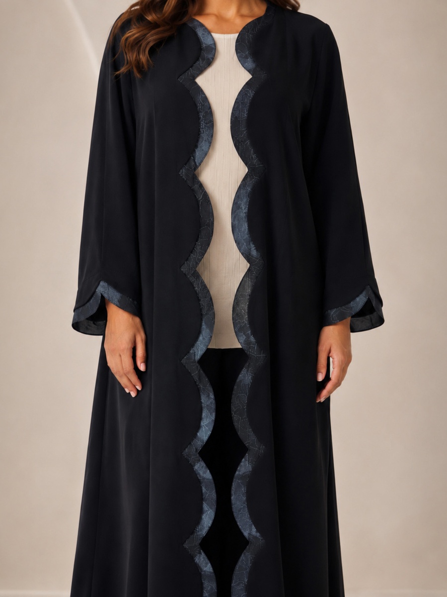 Black Full-Length Abaya with Scalloped Jacquard Trim