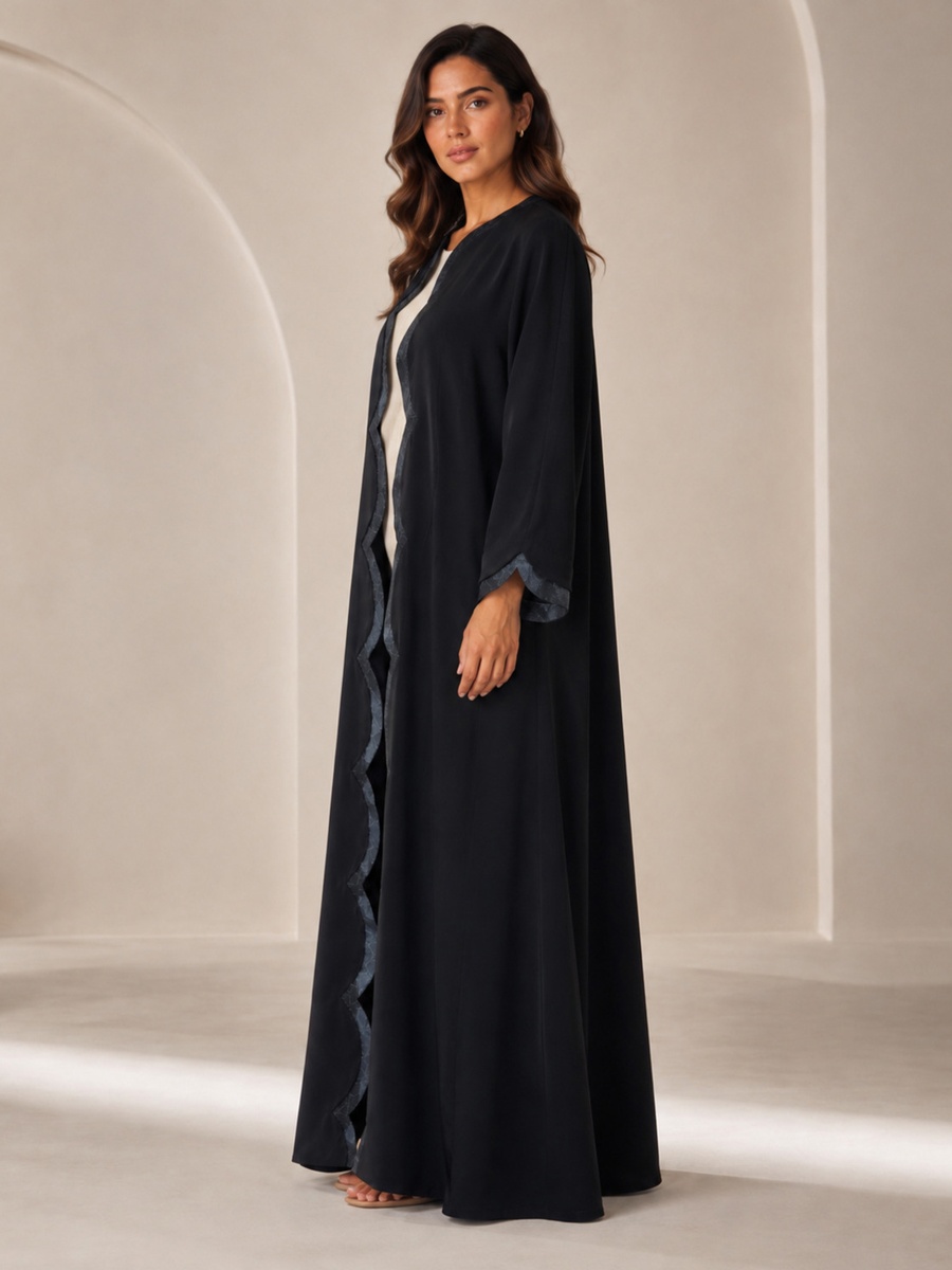 Black Full-Length Abaya with Scalloped Jacquard Trim