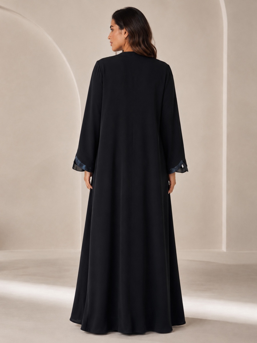 Black Full-Length Abaya with Scalloped Jacquard Trim