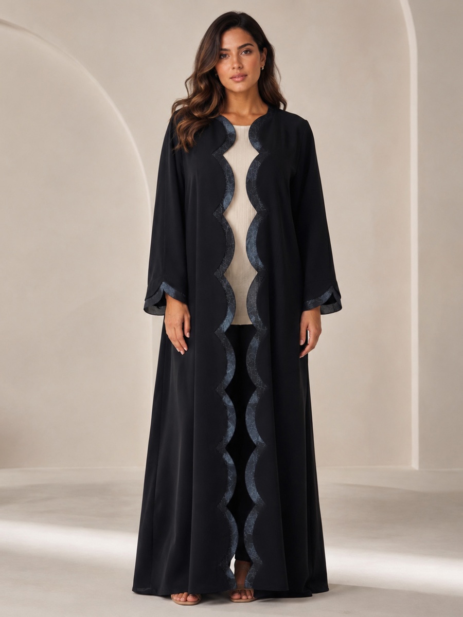 Black Full-Length Abaya with Scalloped Jacquard Trim