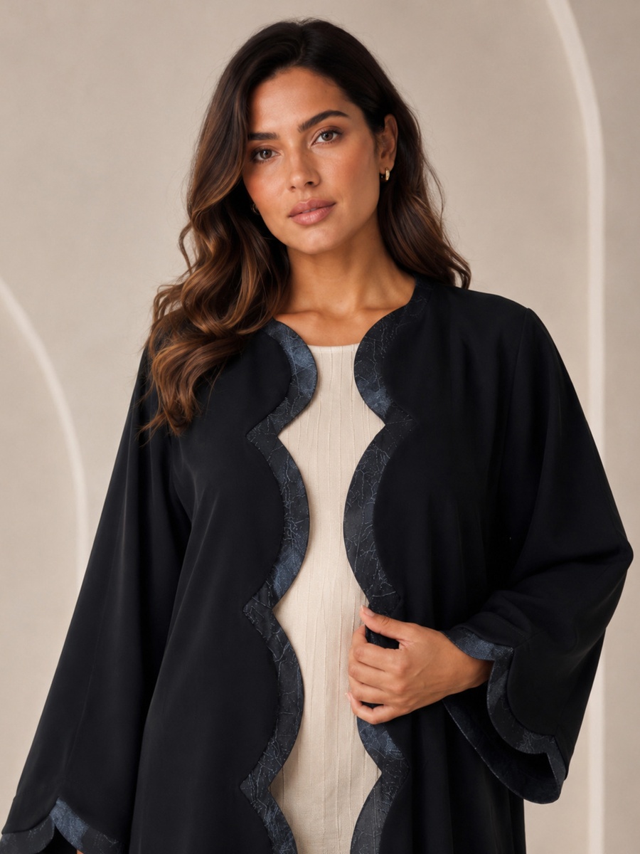 Black Full-Length Abaya with Scalloped Jacquard Trim