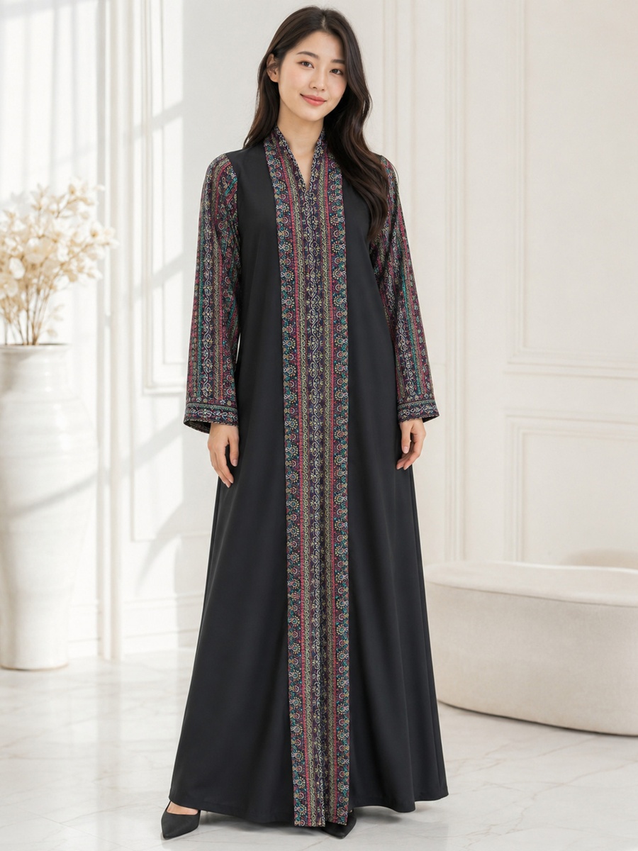 Black Abaya with Multicolor Paisley Trim
