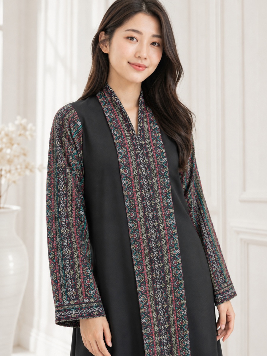 Black Abaya with Multicolor Paisley Trim