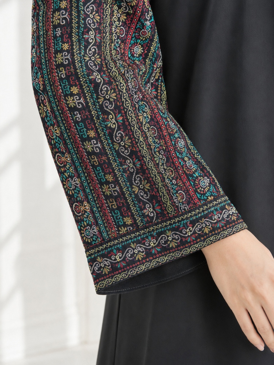Black Abaya with Multicolor Paisley Trim