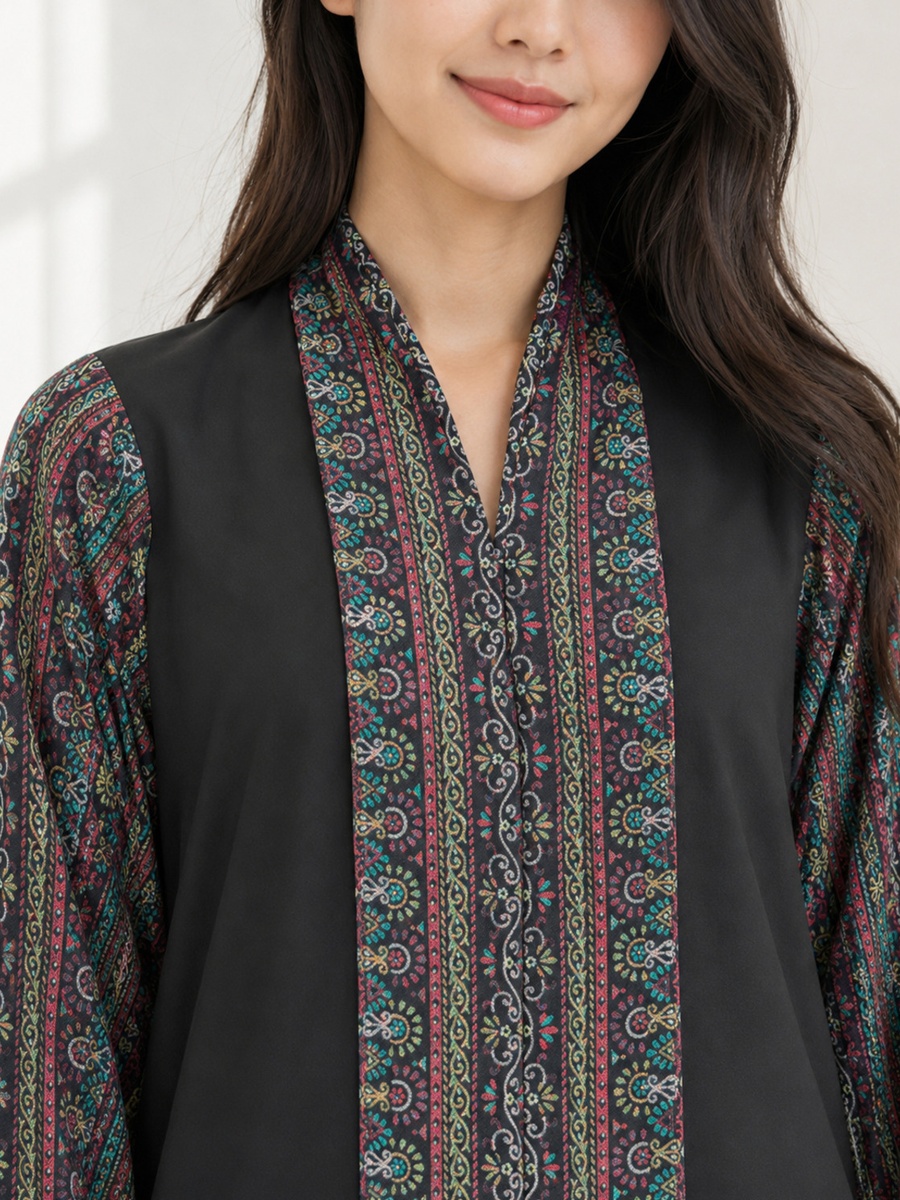 Black Abaya with Multicolor Paisley Trim