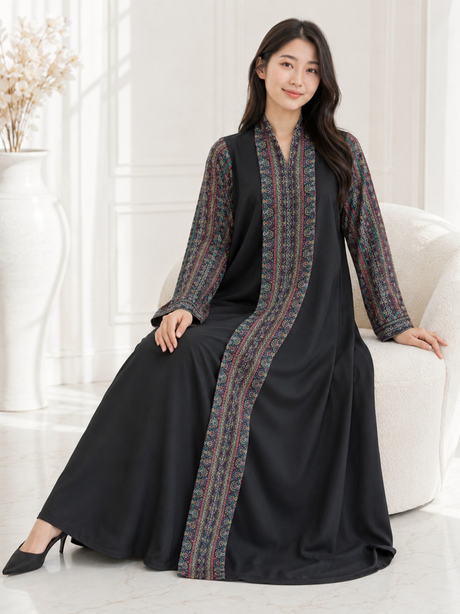 Black Abaya with Multicolor Paisley Trim