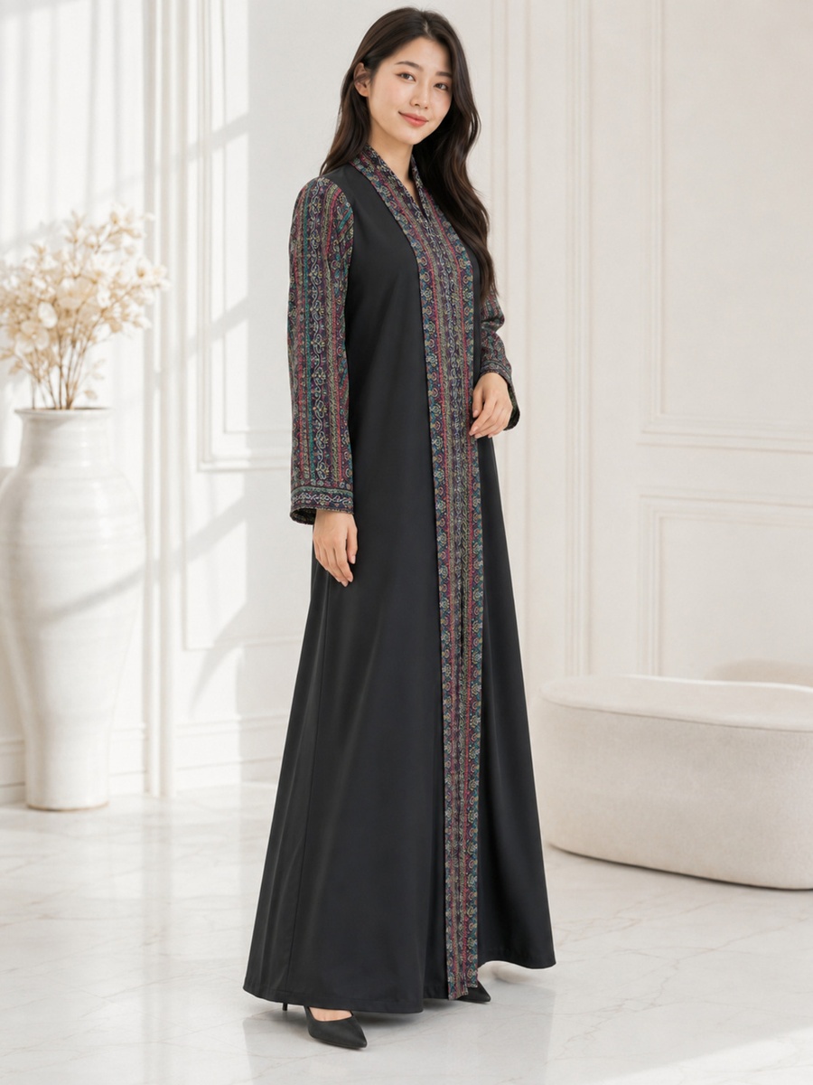 Black Abaya with Multicolor Paisley Trim