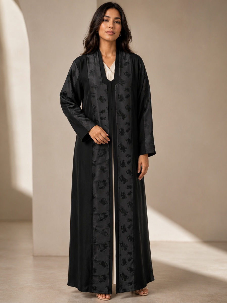 Black Full-Length Abaya with Tonal Jacquard Panels