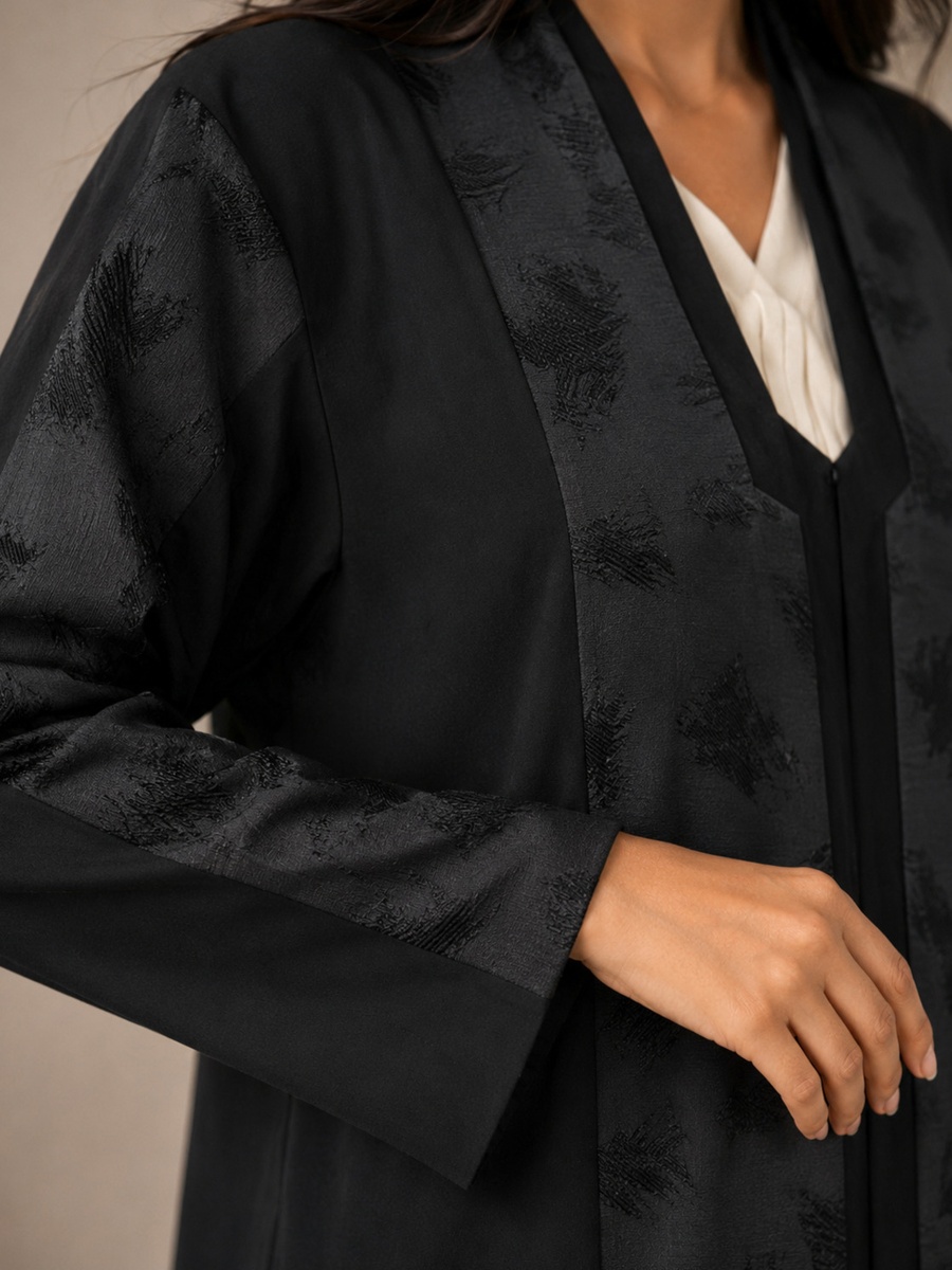Black Full-Length Abaya with Tonal Jacquard Panels