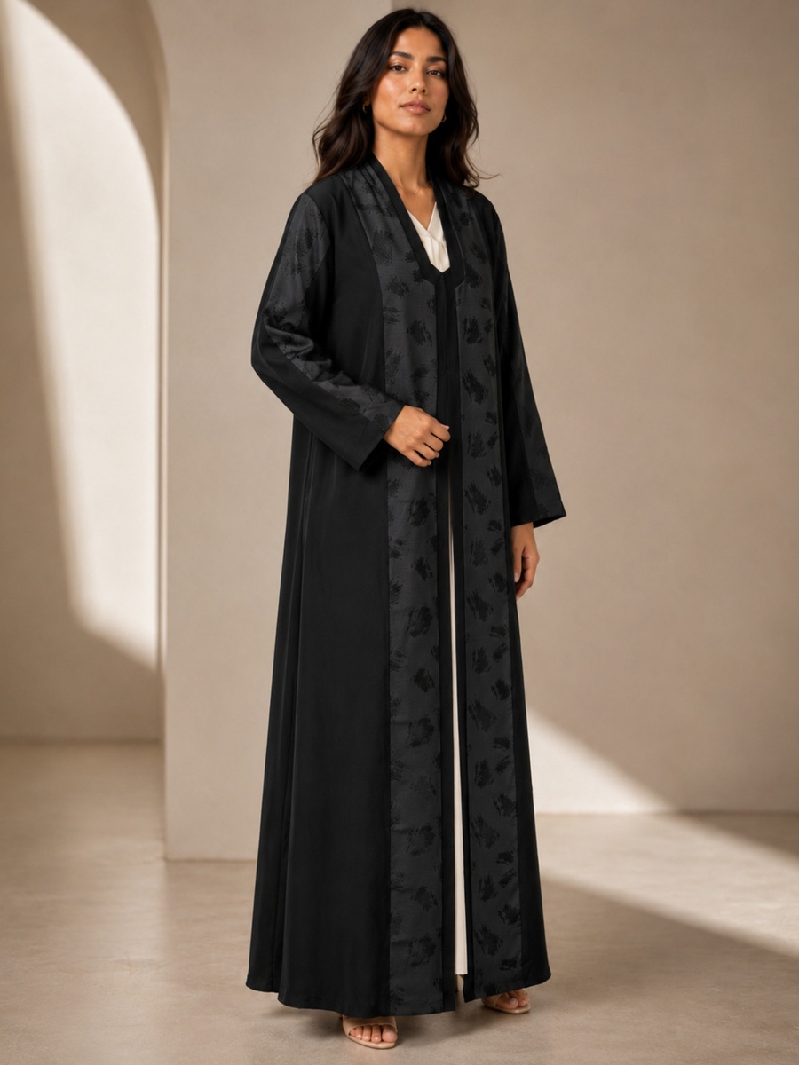 Black Full-Length Abaya with Tonal Jacquard Panels