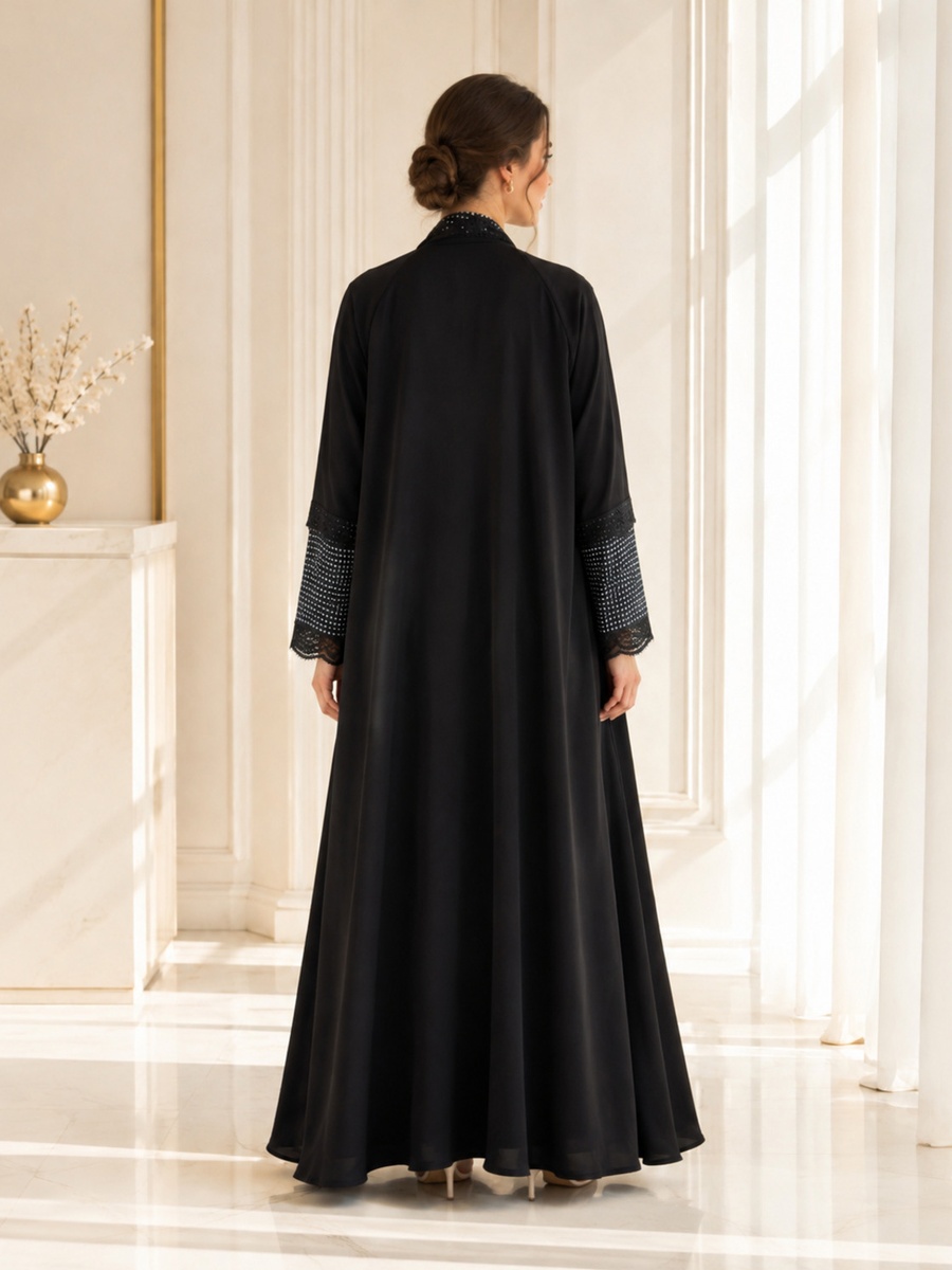 Black Polka Dot Lace Trim Abaya