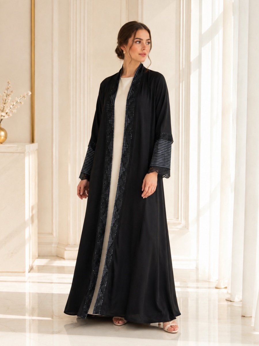 Black Polka Dot Lace Trim Abaya