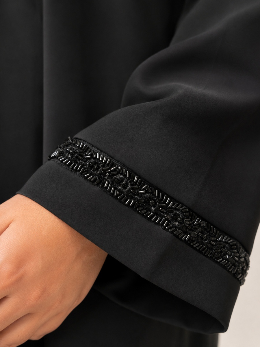 Black Abaya with Beaded Front Trim and Embellished Cuffs