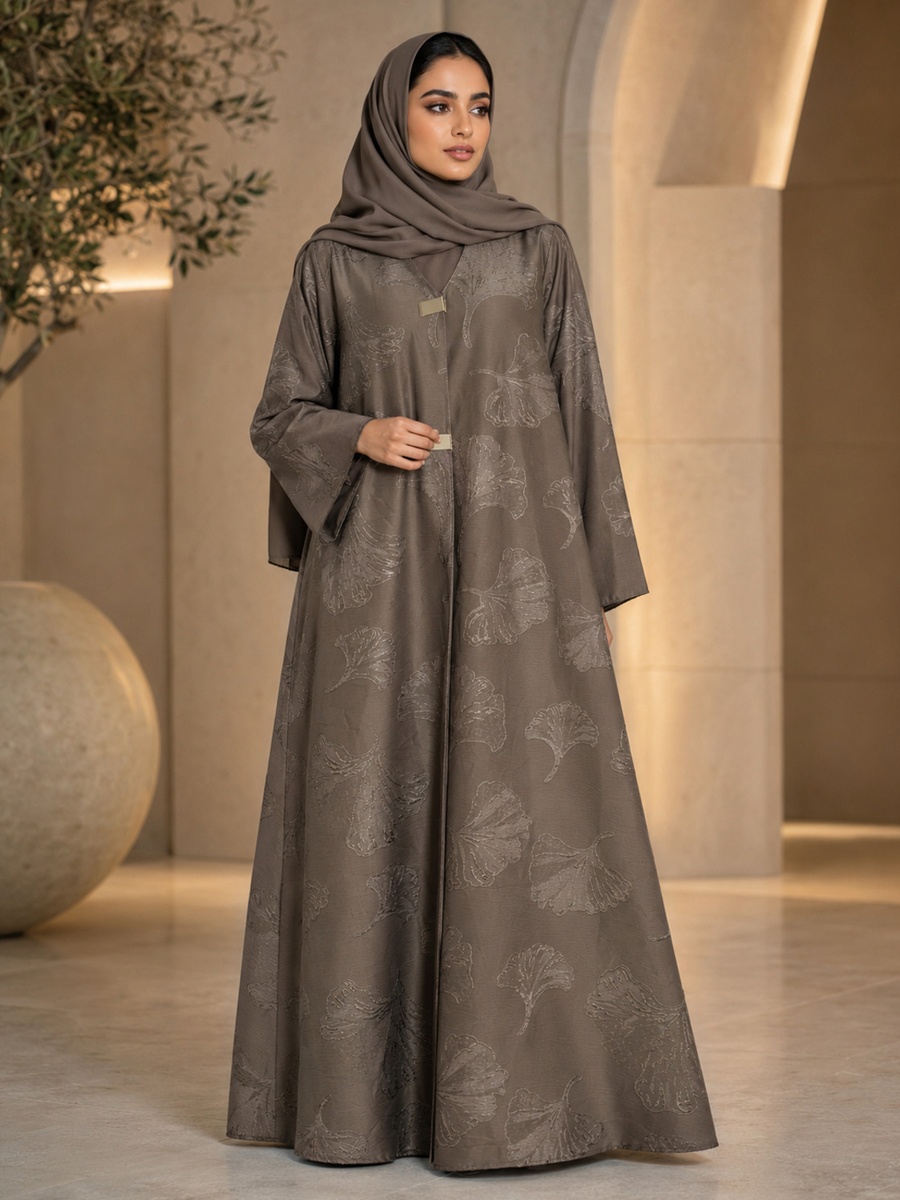 Brown Jacquard Abaya with Gold Clasp Detail with Matching Shawl
