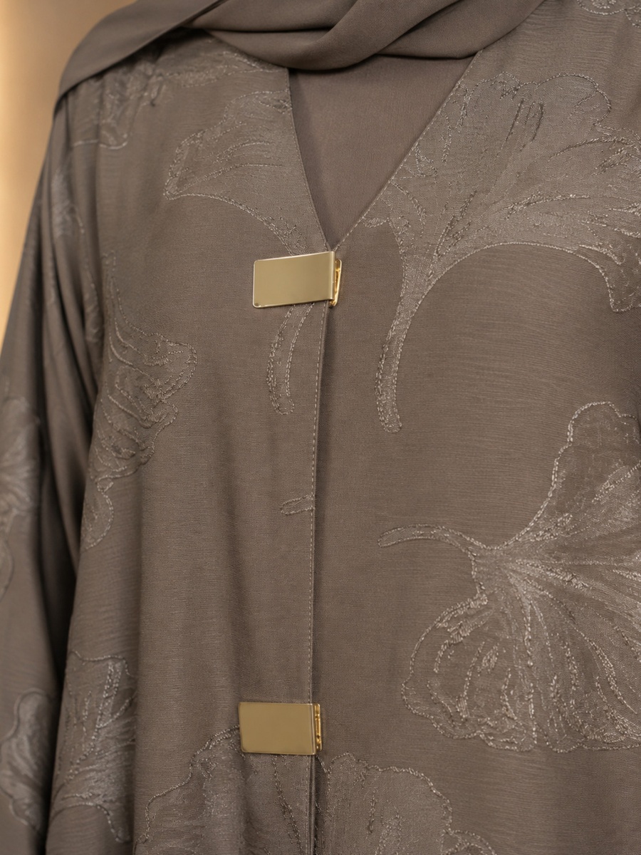 Brown Jacquard Abaya with Gold Clasp Detail with Matching Shawl