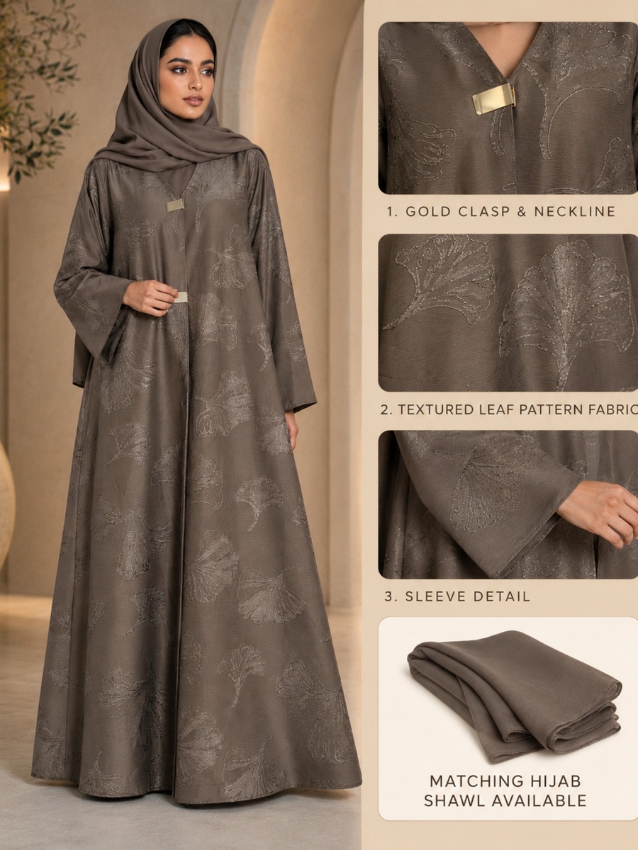 Brown Jacquard Abaya with Gold Clasp Detail with Matching Shawl