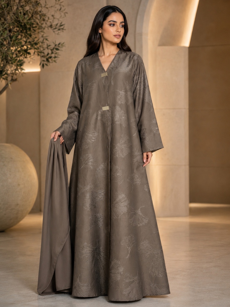 Brown Jacquard Abaya with Gold Clasp Detail with Matching Shawl