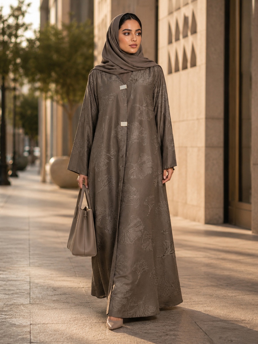 Brown Jacquard Abaya with Gold Clasp Detail with Matching Shawl