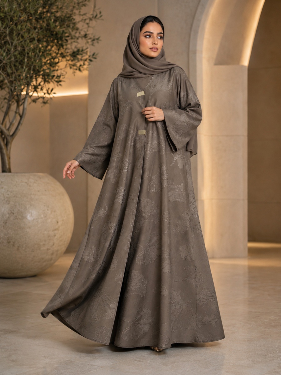 Brown Jacquard Abaya with Gold Clasp Detail with Matching Shawl