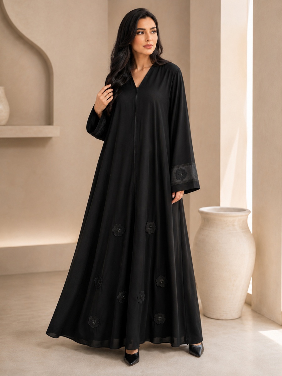 Black Floral Applique Abaya with Embellished Satin Cuffs