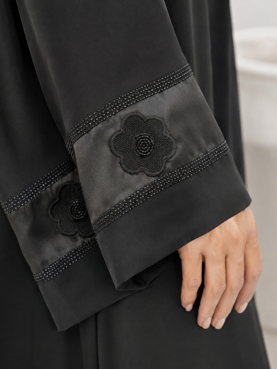 Black Floral Applique Abaya with Embellished Satin Cuffs