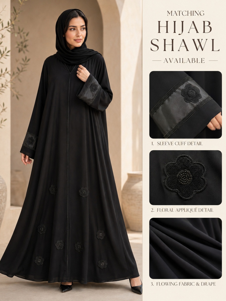 Black Floral Applique Abaya with Embellished Satin Cuffs